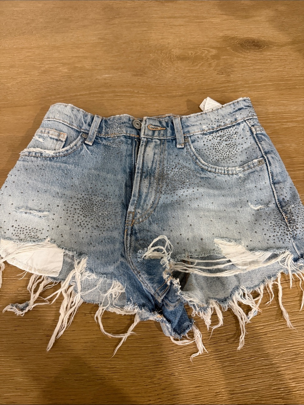 Zara Light Blue Distressed Rhinestone Denim Shorts